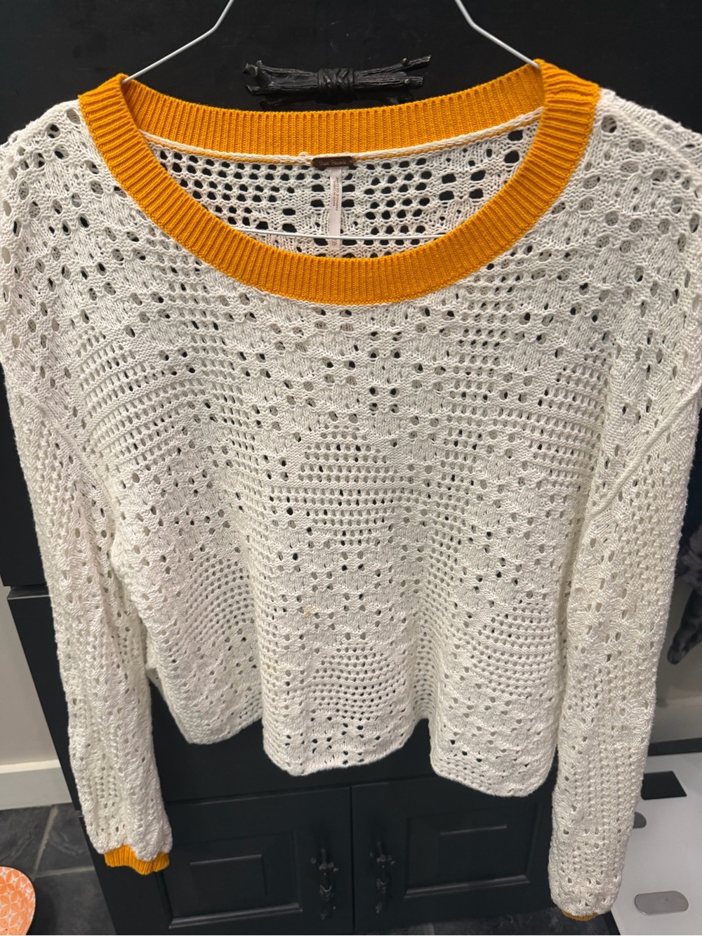 Open-Knit Cream Sweater with Mustard Trim - Women's Sweater